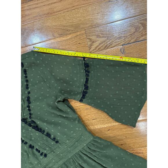 Zara Army Olive Green Swiss Dot Polka Dot Pom Pom Chiffon Mini Dress-Size: Large - Picture 7 of 9